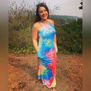 rainbow colored long dress. tank topped sleeves , multiple sizes !
